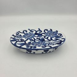 Blue and White Floral Porcelain Oval Soap Dish for Bathroom Chinoiserie Style