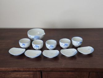 Japanese Hand Painted Tea Cup Set w/ Saucers Water Cooler -Frog Dragonfly Design