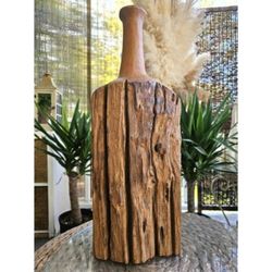 Crate & Barrel Aged Teak Wood Sculpture Carving Rustic Bottle Art