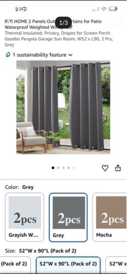 RYB Home 2 Panels Outdoor Curtains for Patio Waterproof Weighted Windproof