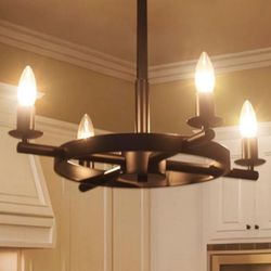 Wagon Wheel Black Chandelier  4-Lights Industrial Round Farmhouse Pendant Light