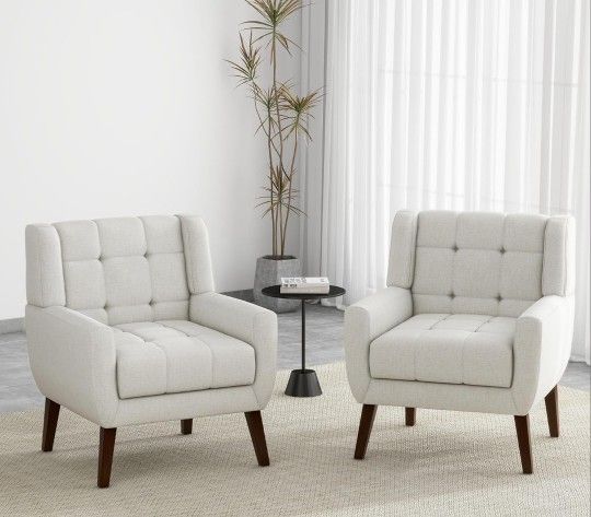 Accent Chairs Set of 2, Modern Upholstered Arm Chair in Fabric for Living Room, Comfy Armchair Single Sofa Seat with Solid Wooden Legs (Beige)
