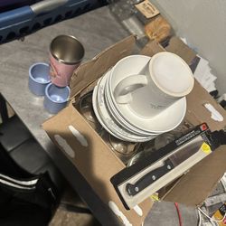 BOX FULL OF KITCHEN UTENSILS AND GLASSWARE 