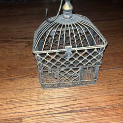 Rustic Metal Bird Cage with Lantern Holder, Hanging Decor (9x9x15'')