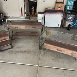 Set Of 3 Chrome/Wood/Glass Sofa Tables