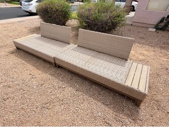 Set (2) Beige Faux Wicker Outdoor Patio Lounge Chairs (LxWxH: 29” x 68” x 28” each)