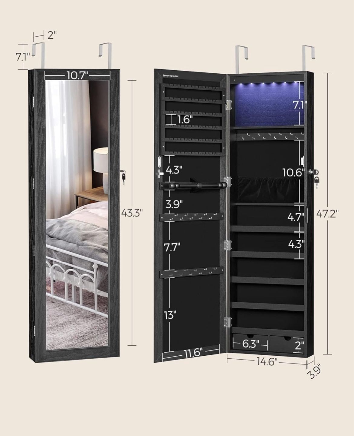 SONGMICS 6 LEDs Mirror Jewelry Cabinet Lockable Wall Door Mounted Armoire Organizer - Black