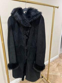 Classic Blue Duck Dyed Shearling Women's Fur-Trimmed Coat—S