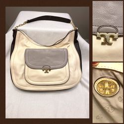 Tory Burch pebbled leather shoulder bag. The colors are Chocolate brown, grey and cream ivory