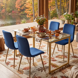 Homy Casa SLIP+SCARGILL 5PC Dining Set 47.2" Glass Table with 4 Scargill Blue Fabric Dining Chairs Open Box