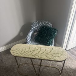 Olive Leaf Table , Blue White Cheetah Print Chair, String Pillow