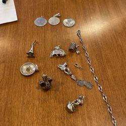 Sterling Silver Lot Of 11 Charms And One Bracelet Last 2 Pictures Show Front And Back Of 3round Charms With Dates/named On Them