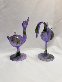 Vintage Art Glass Swan Oil Lamps Pair – Lavender Purple & Green – Made in Taiwan – 6” & 7”