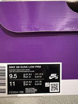 NIKE SB DUNK LOW PRM COCONUT MILK/LIGHT BONE LAIT DE COCO/FANTOME/OS CLAIR 9.5