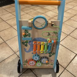 Teamson Kids Preschool Play Lab Wooden Baby Walker and Activity Station, Natural/Blue