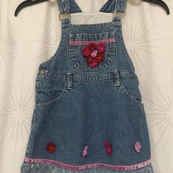 Denim Overall Dress With Flowers, 3T