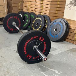 Bumper Plate Barbell set 260 lbs + 45 lb Olympic Bar Brand New Still In The Box! 