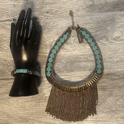 NWT Chicos Loren Collar Bib Statement Reversible Necklace & Matching Bracelet Turquoise, Green, Tan & White Stones. Cascading Gold Tone Chains w Lobst