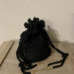 1940s Crochet Beaded Evening Bag with Drawstring Handles