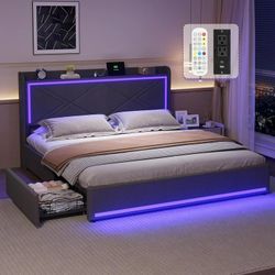 Dark Grey Queen Bed Frame W/ Led Lights And USB Ports And Drawers 