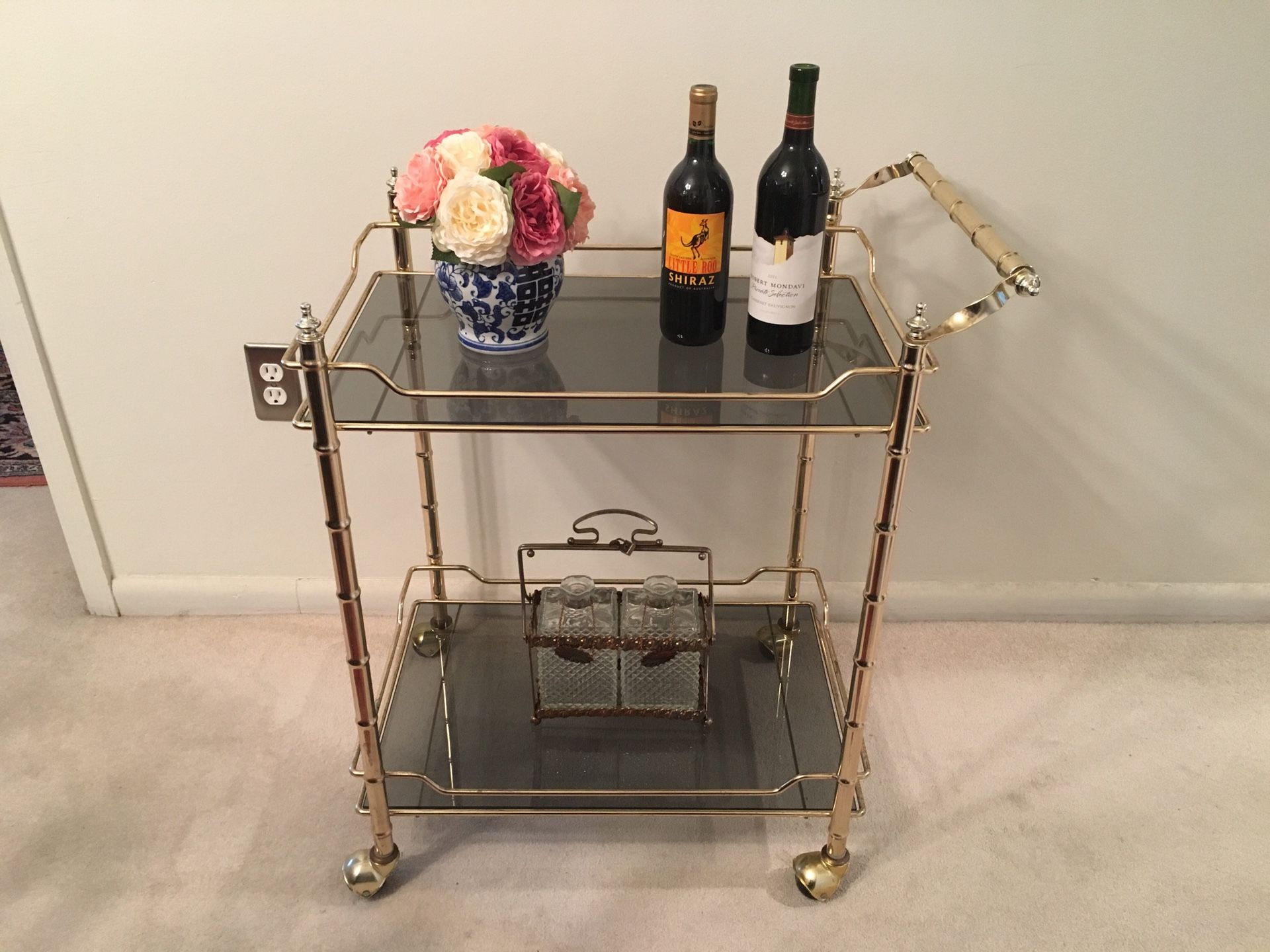 Vintage Brass Bamboo Bar Cart with Smoked Glass