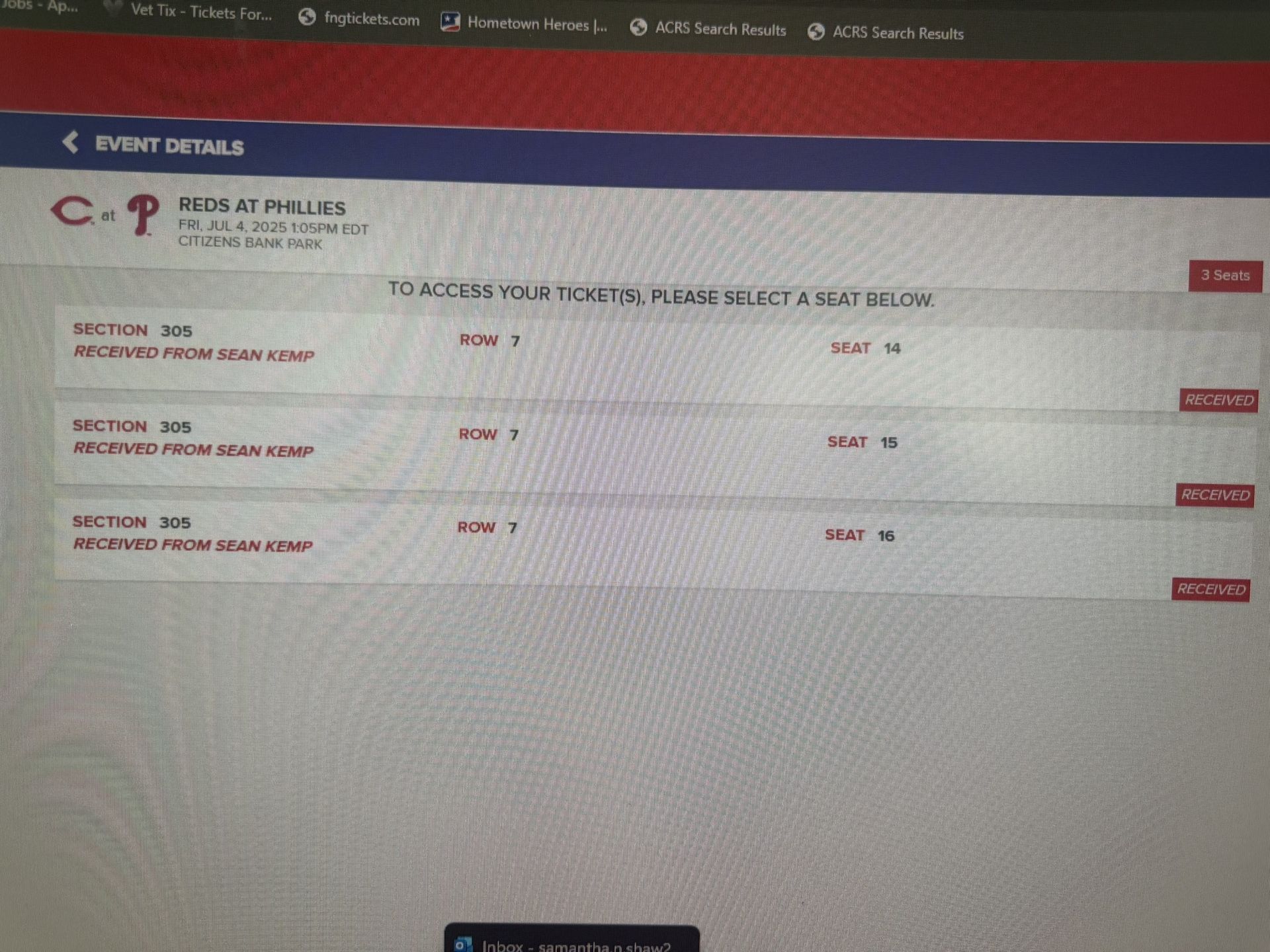 PHILLIES TICKETS - 3 SEATS - JULY 4th