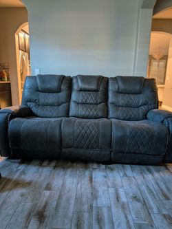 Electric Recliner Gray Leather Sofa and Love seat