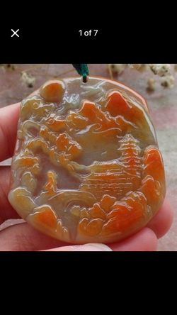 Certificate Jadeite Jade Hand Carved Feng Shui Red Pendant Tree Mountain