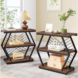Set off two Industrial End Table Side Table with 3 Storage Shelves & Metal Frame