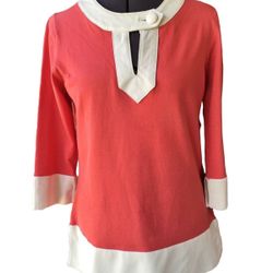 Michael Simon Sweater Top Tunic Leather Trim 3/4-Sleeve Coral White S Keyhole