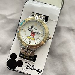 Disney Mickey Mouse Round Wrist Watch Silver Gold Two Tone Link Bracelet 28mm