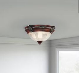 Brand New Bercello Estates 15 in. 2-Light Volterra Bronze Flush Mount with Etched Glass Shade