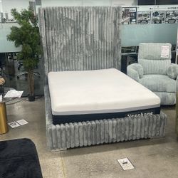 Grey Bed With Tall Headboard - Soft Corduroy Fabric