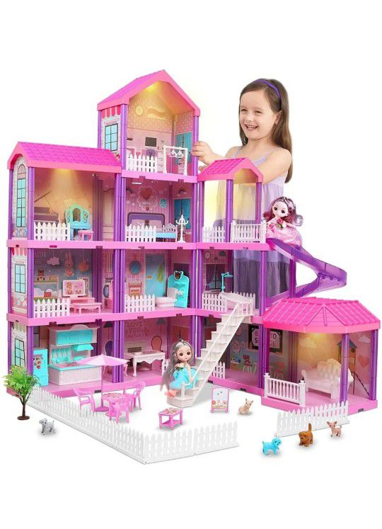 Doll House, Dollhouse w/ Furniture - Pink / Purple Dream House for Little Girls