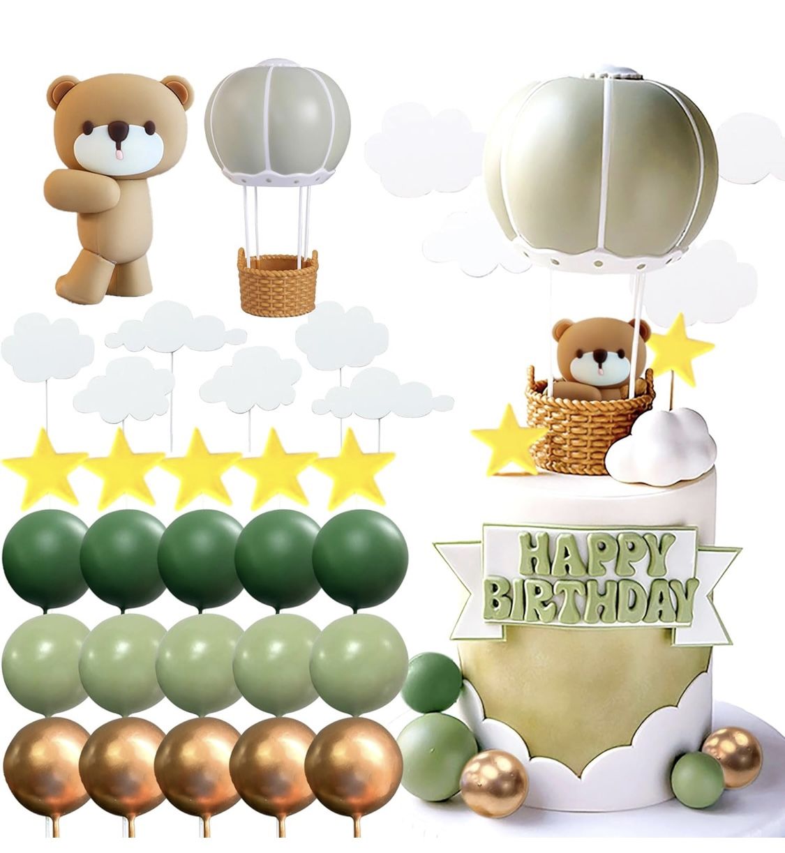 JeVenis Sage Green Bear Cake Decoration Hot Air Balloons Balls Cake Topper Boho Bears Cake Cake Decoration Baby Shower Birthday Cake Decoration