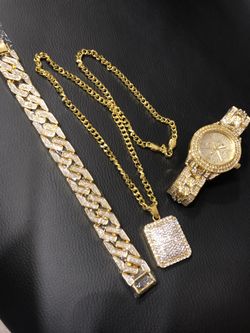New 18 k yellow gold Cuban bracelet , iced out watch and Cuban chain with pendant