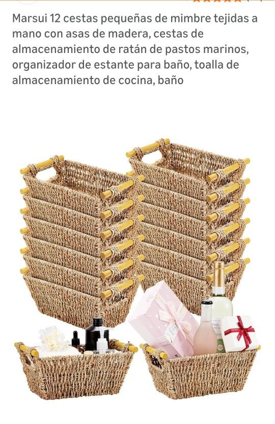 Marsui 12 Pcs Small Hand Woven Wicker Baskets with Wooden Handles