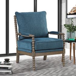 Contemporary Chenille Rubberwood Foam Fabric Solid Print Armchair, with High Resilience Spring Cushion, Blue