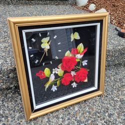 Vintage Kirch Square Chinese Shadowbox Floral Wall Clock...Works!