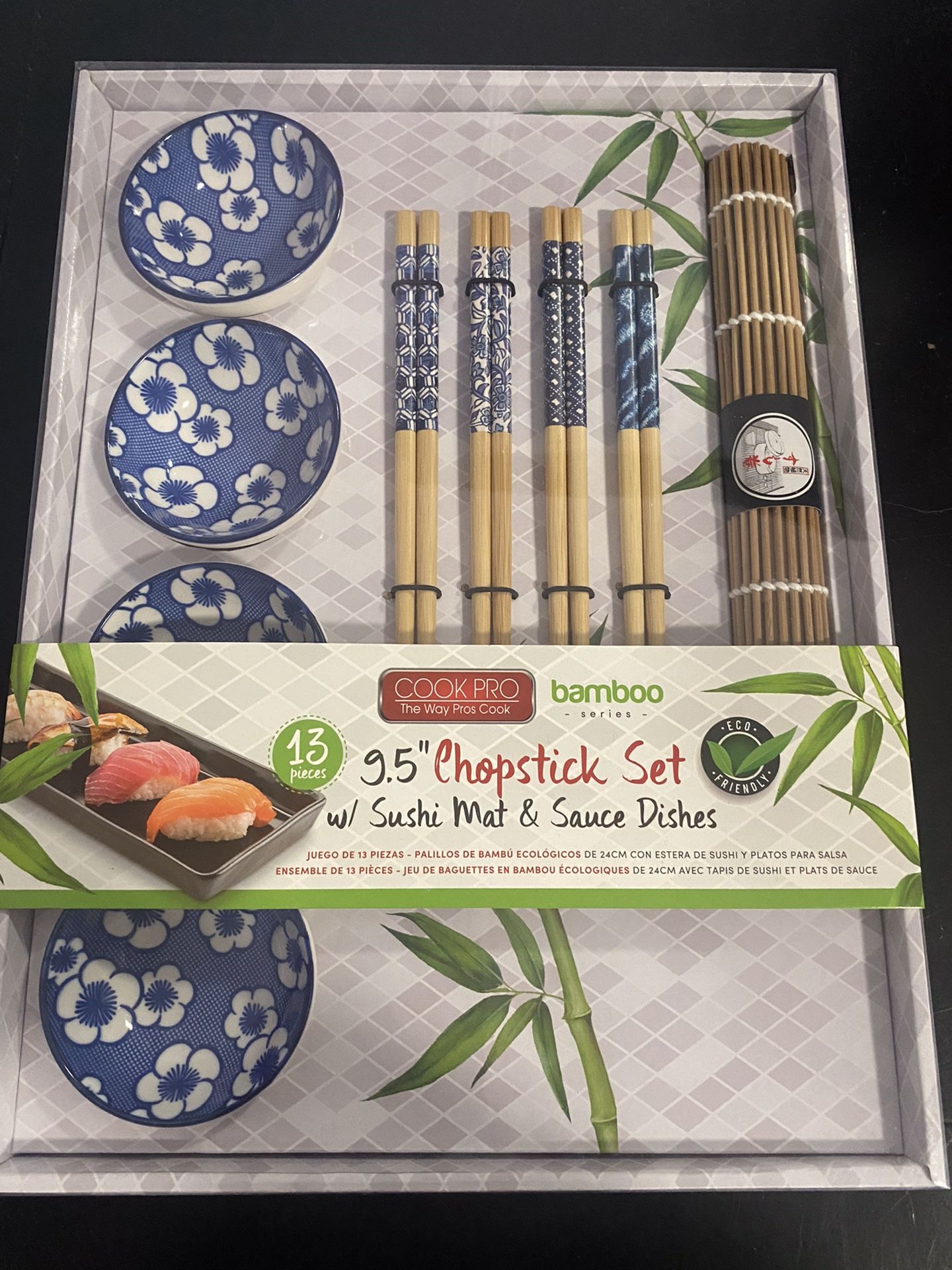 13 Pieces Chopstick Set w/ Sushi Mat & Sauce Dishes 