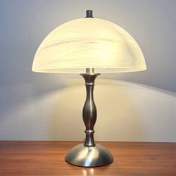 Mid Century Space Age Design Brushed Nickel Base Frosted Swirled Glass Shade Duo Lights Table Lamp