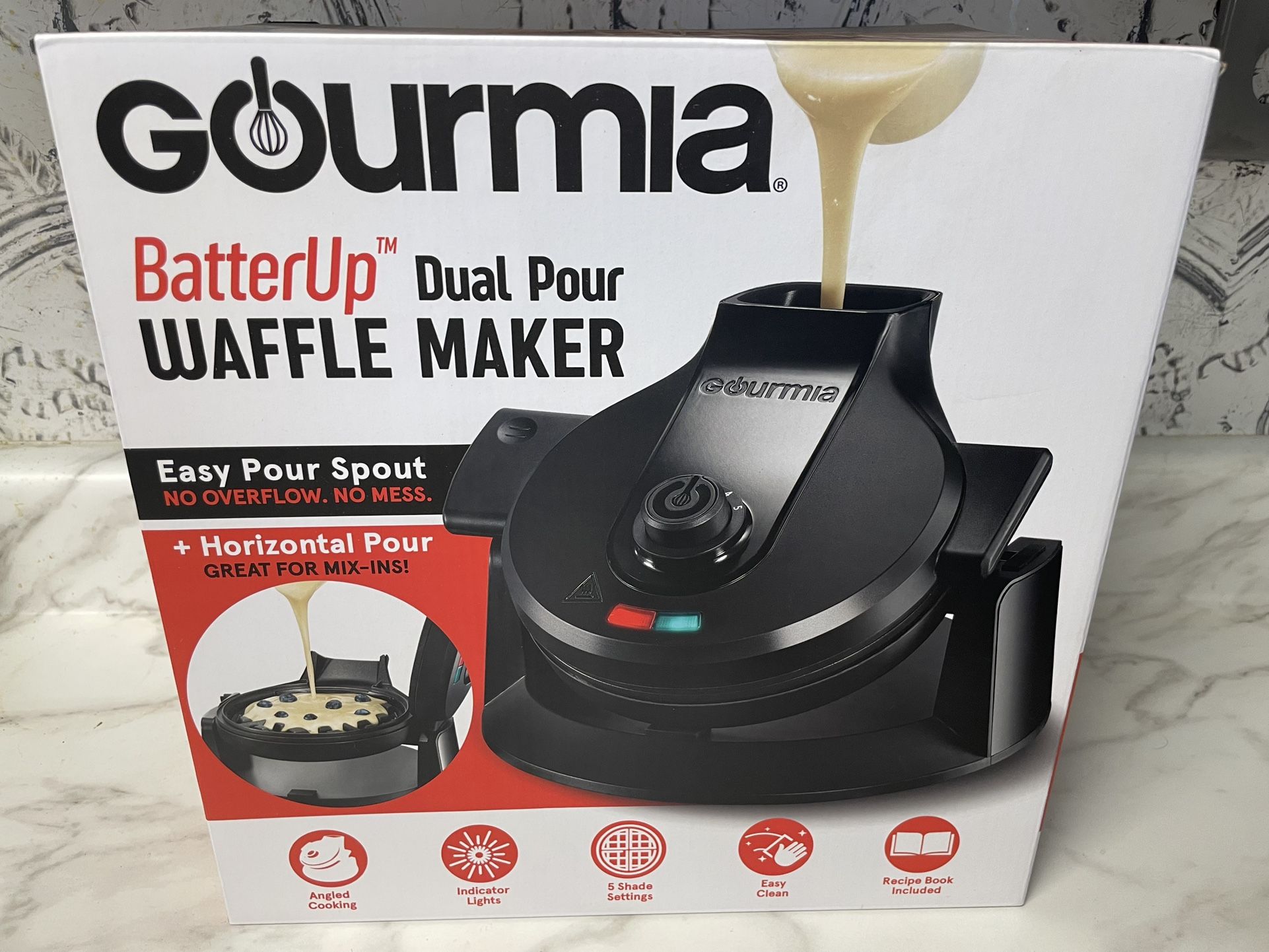 NEW Gourmia BatterUp Dual Pour Waffle Maker β No Mess, 5 Shade Settings