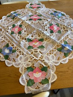 Vintage Floral Embroidered Cutwork small tablecloth