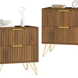 Set of 2 Nightstand, Mid Century Modern Night Stand Bedside Table with 2 Storage Drawer, Bed Side End Table with Golden Handles and Legs for Bedroom, 