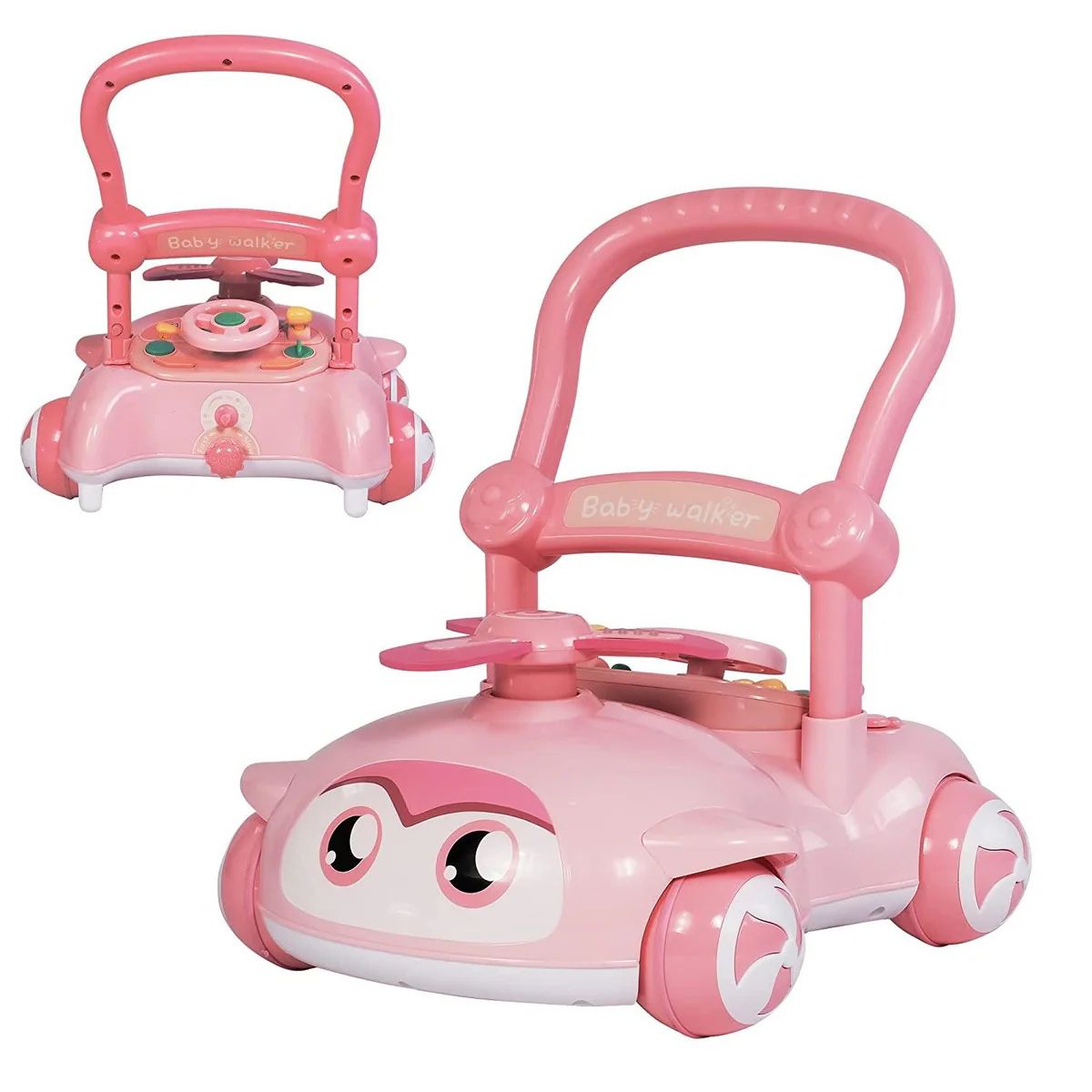 2 in 1 Sit-to-Stand Baby Walker for Boy Girl, Detachable, with Lights and Music, Cute Toys for Toddlers (Pink)