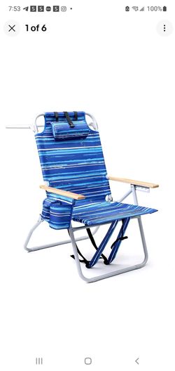 🏖️ Brand New Tall Backpack Beach Chair – 17" High Seat, Wooden Armrests & Reclining Back