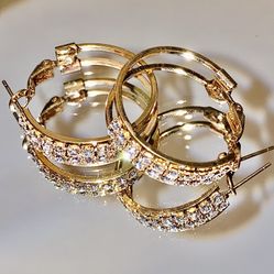 ✨ Diamond Gold Hoop Medium Huggie Earring Swarovski Crystal CZ Czech Gem 