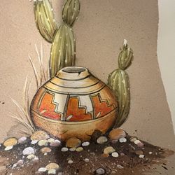 Original Southwestern Painting on Stone Pottery & Cactus