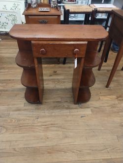 Vtg solid wood console curved shelves, drawer
