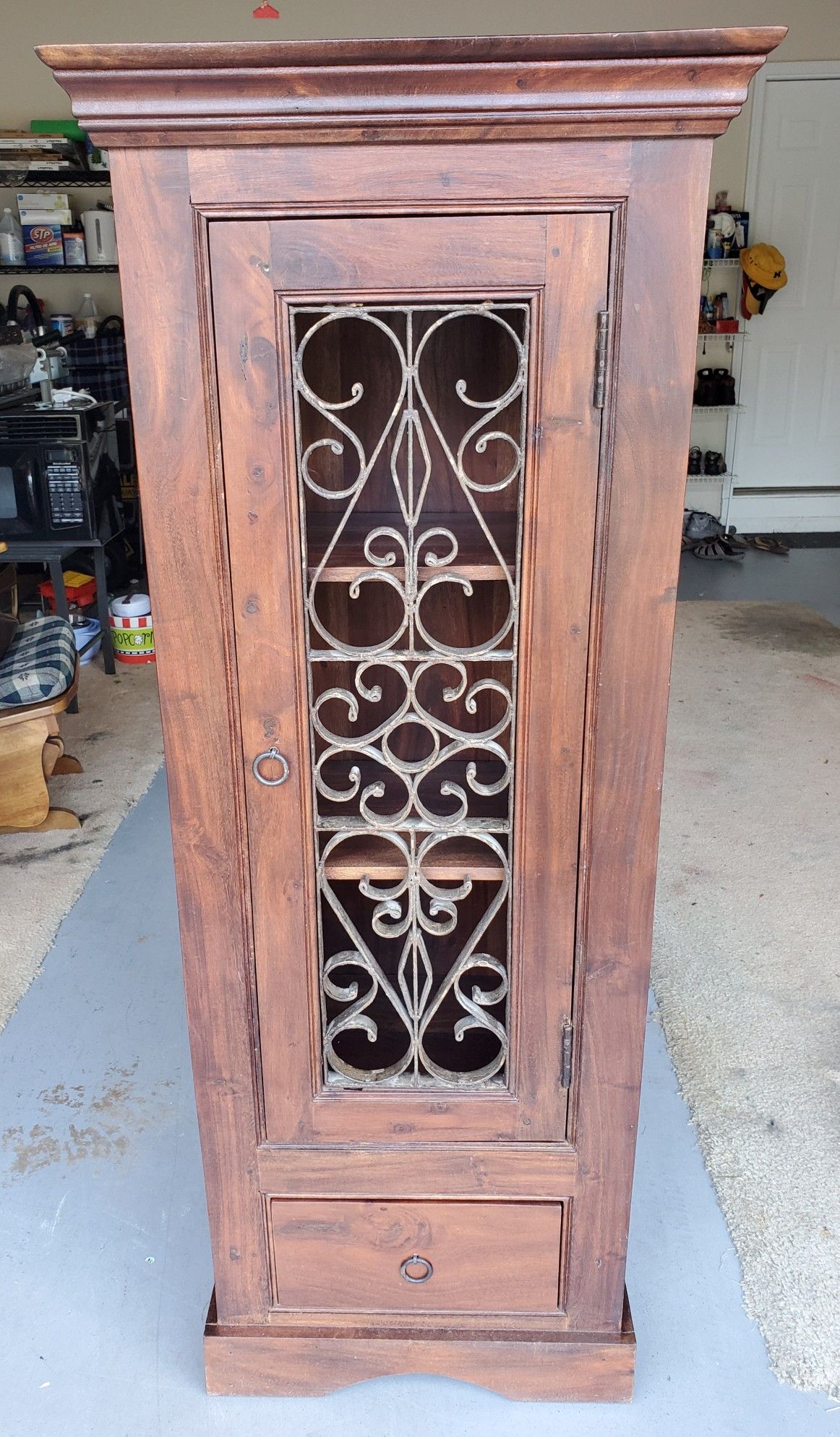 Antique Victorian Style Wood Cabinet with Carved Metal Design Door
